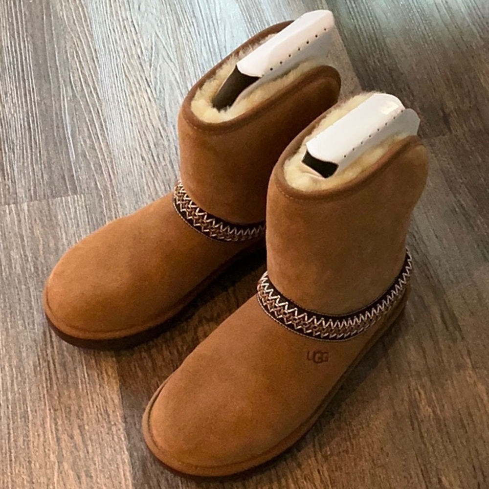UGG Tan Suede Boots with Patterned Trim